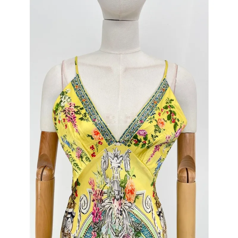 Vestido midi com cintura cortada e halter para férias, novo vestido de seda amarelo com estampa floral sem mangas de alta qualidade