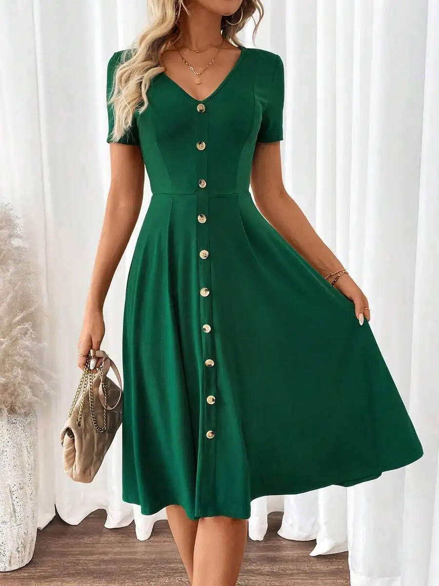 

Women's V-Neck Short Sleeve A-Line Button Front Green Dress