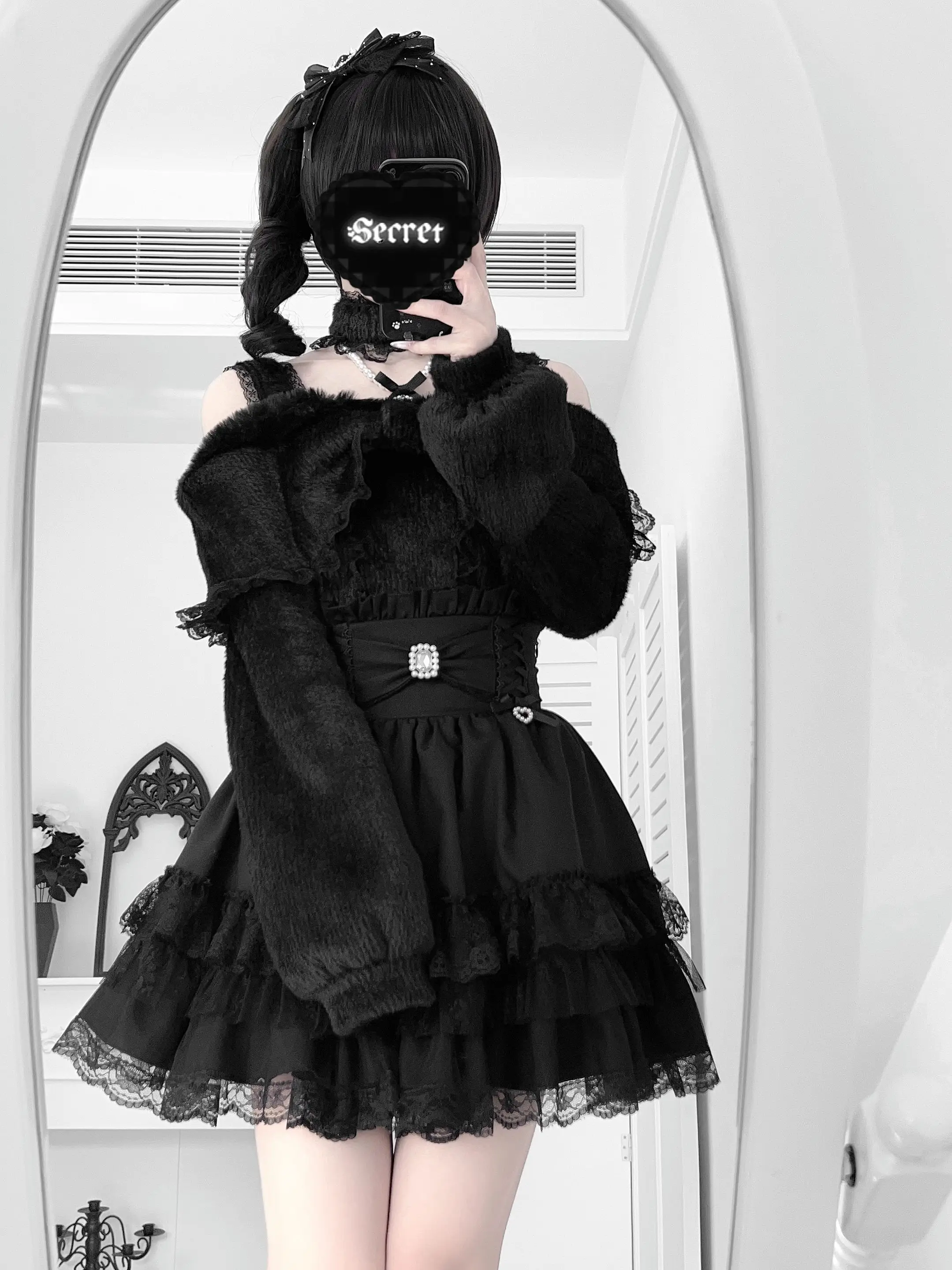 الأصلي اليابانية الألغام ثقافة فرعية خارج الكتف سترة تنورة مجموعة الخريف 2025 الفتيات الحلو كبير القوس الدانتيل اللؤلؤ تنورة علوية للنساء