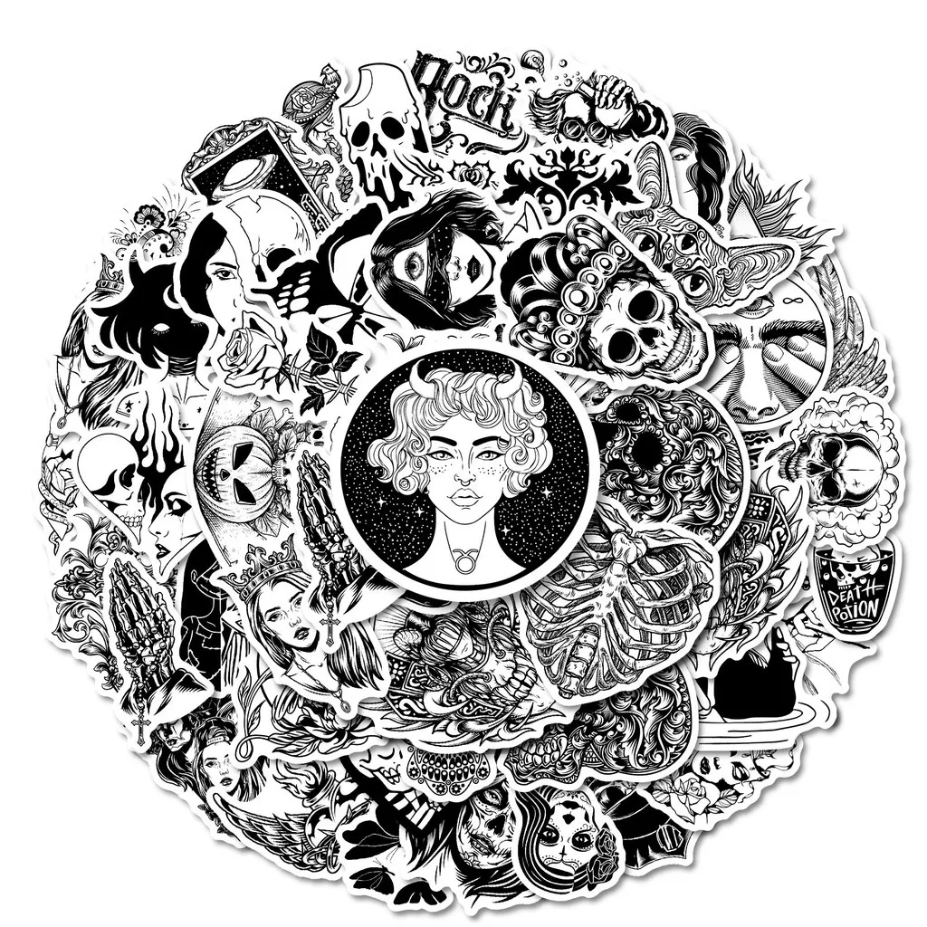 ملصقات رعب فريدة من نوعها باللونين الأبيض والأسود مكونة من 50 قطعة - شارات PP مقاومة للماء غير قابلة للتكرار على شكل فراشة جمجمة لتسجيل متجر YourLife #5