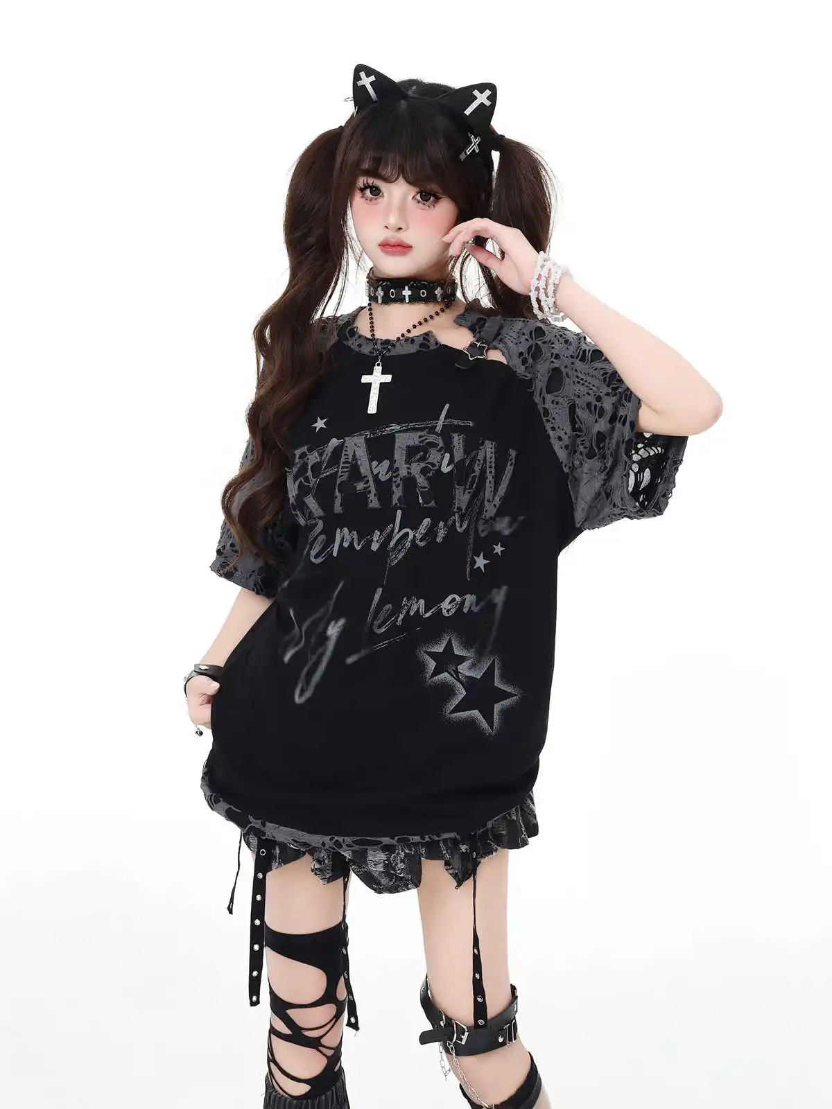 

Summer Women Dark Academia Harajuku Contrast Color Damage Top 2000s T-Shirt Oversize Goblin Core Short Sleeve Tee Japanese Y2k