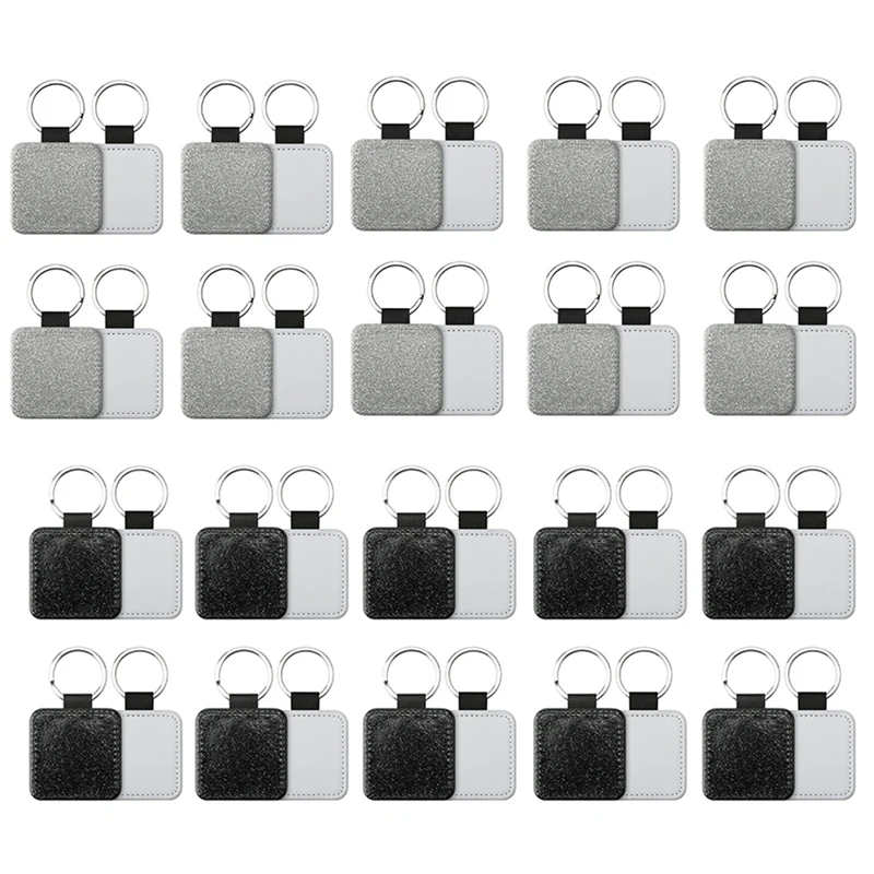 20 Pack Glitter PU Leather Keychain Heat Transfer Keyring Sublimation Blank Square Silver