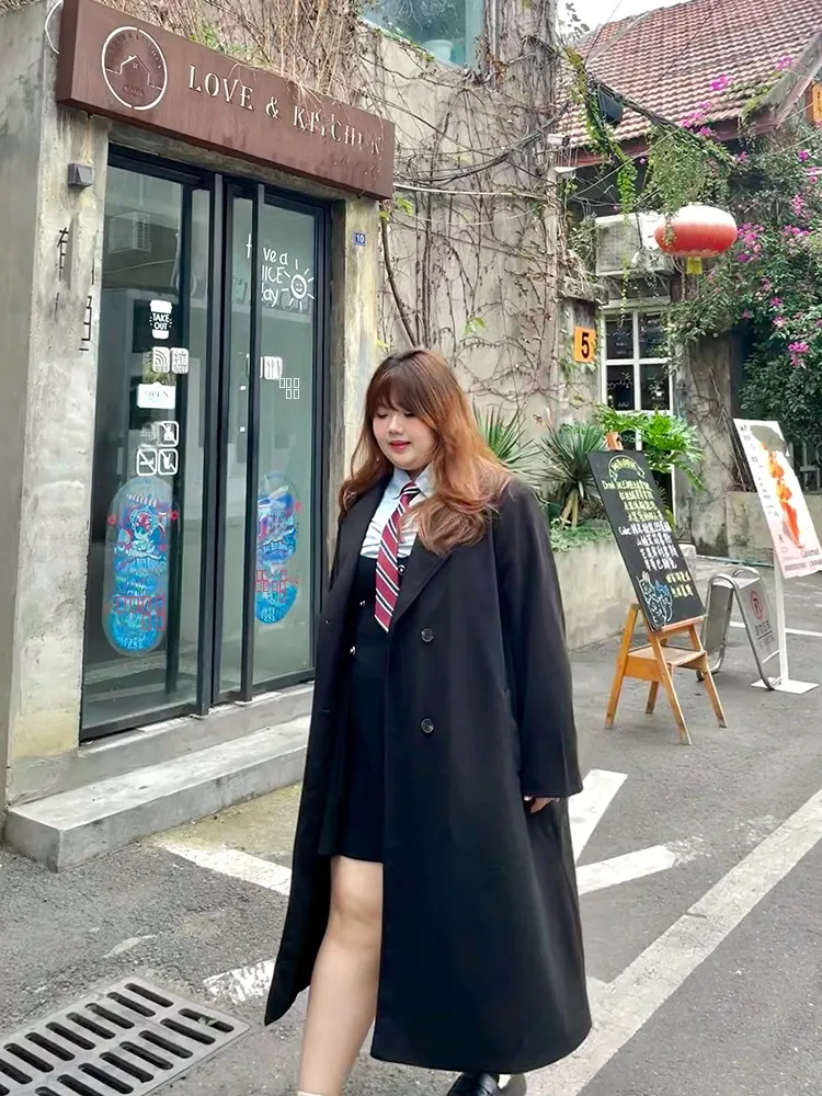 

Slimming Long Double-Breasted Suit Sle Coat for plus Size Women FaM Large oulder Woolen Coat 200 Pou Outerwear