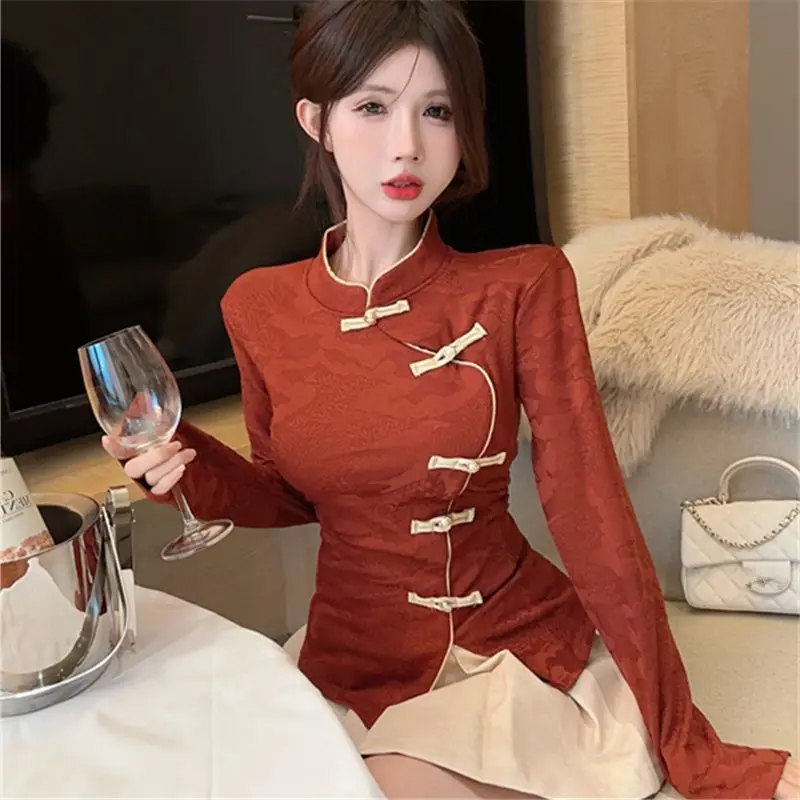 

2025 Spring summer Chinese Style 2 Piece Set Knotted Blouse Flowy Skirt Women's Slimming Outfit