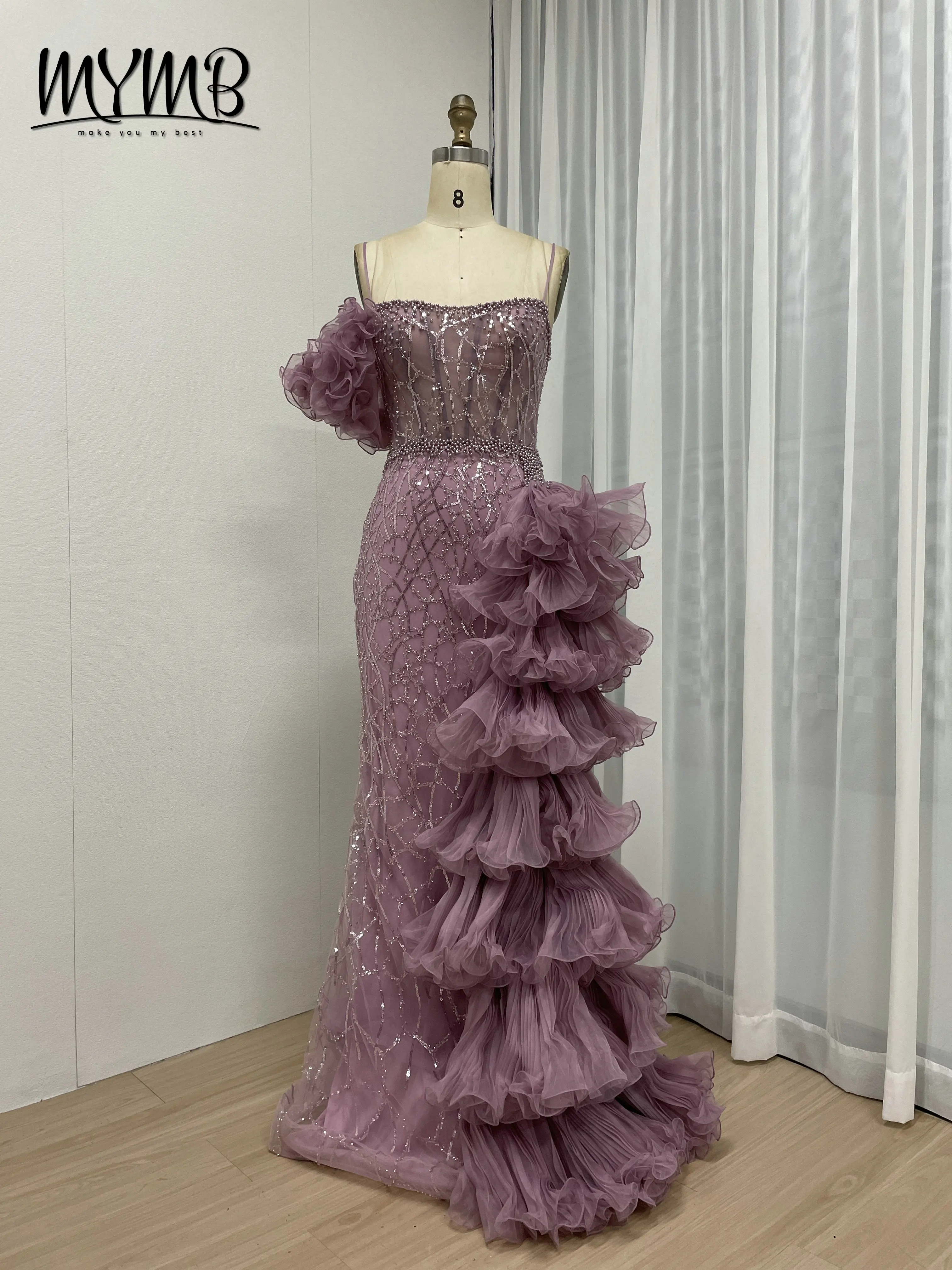 MYMB Luxury Pink Mermaid Evening Dresses Sparkling Sequin Beaded Ruffles Tiered Pageant Prom Gown Spaghetti Strap Formal MB40223
