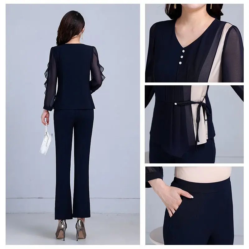 Ensembles de pantalons en mousseline de soie pour femmes, surdimensionnés, col en V, patchwork, bord champignon, tenues féminines, nouvelle mode, printemps, 2024, 2 pièces
