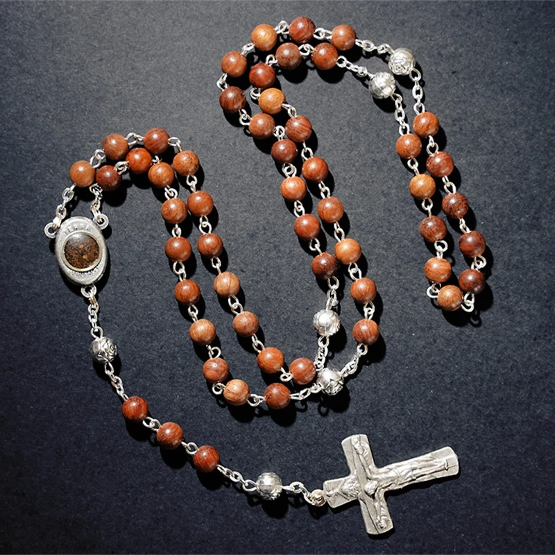 Rose Rosary Necklace Set Rosewood Beads Crucifix Pendant Metal Openwork Gift Box Catholic Jewelry Memorial Day Holiday Gift