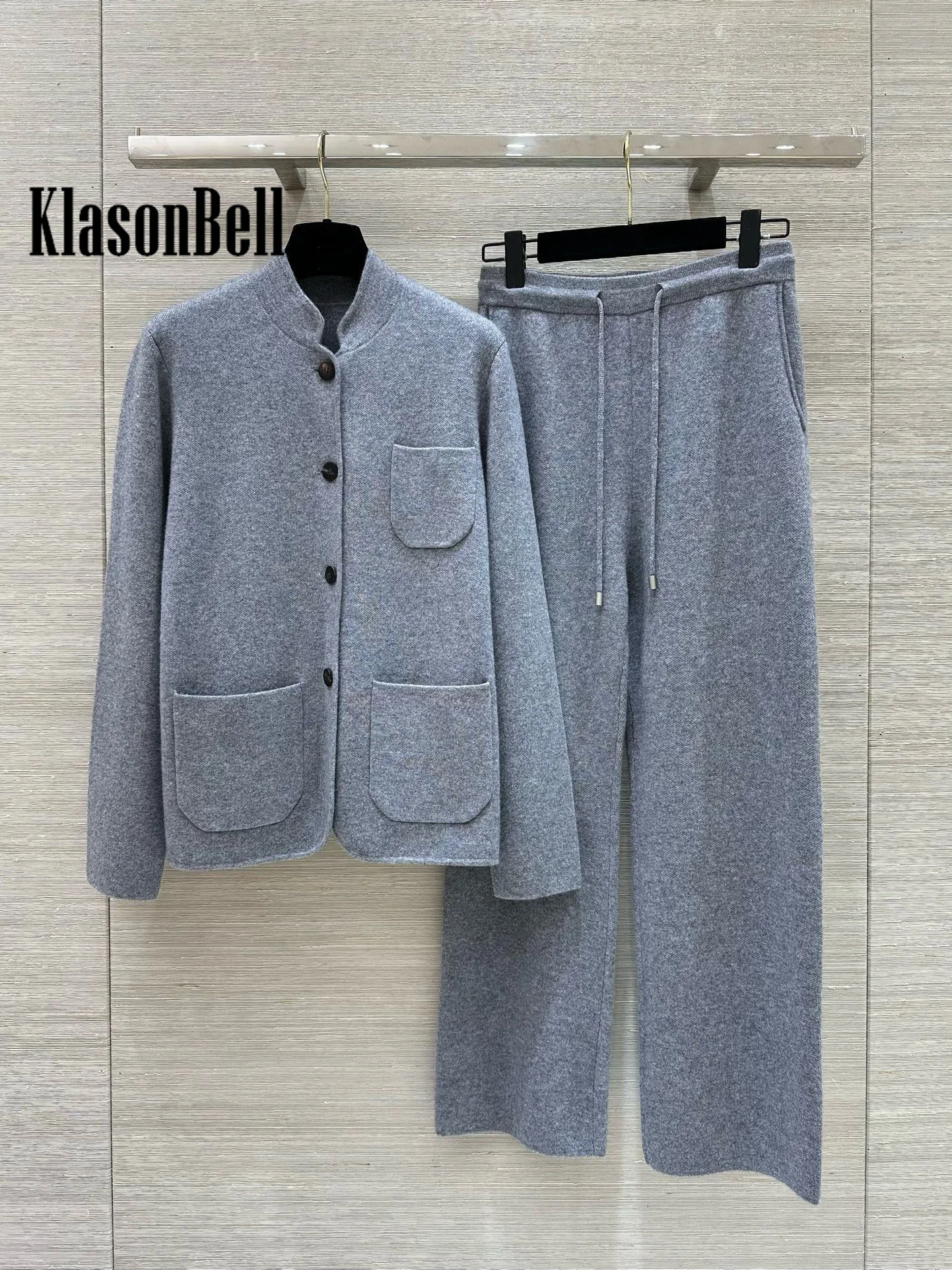 8.22 KlasonBell Women Temperament Cashmere Knit 2 Piece Set Three Pocket Single Breasted Cardigan + Lace-up Straight Pants