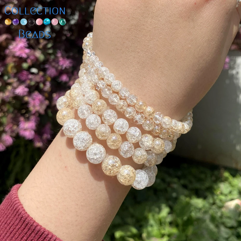 Natural Stone Beads 6 8 10 12mm Champagne Gold Plated Cracked Crystal Round Beads For Jewelry Making DIY Bracelet Necklace 15\'\'