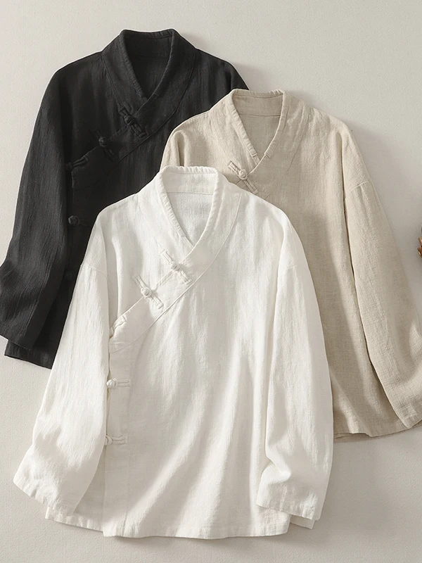 

Ретро чистый цвет на пуговицах Long Sve V-Ne irt, женская одежда большого размера Zen Buddhist Sle Tea, свободный крой, осенний топ