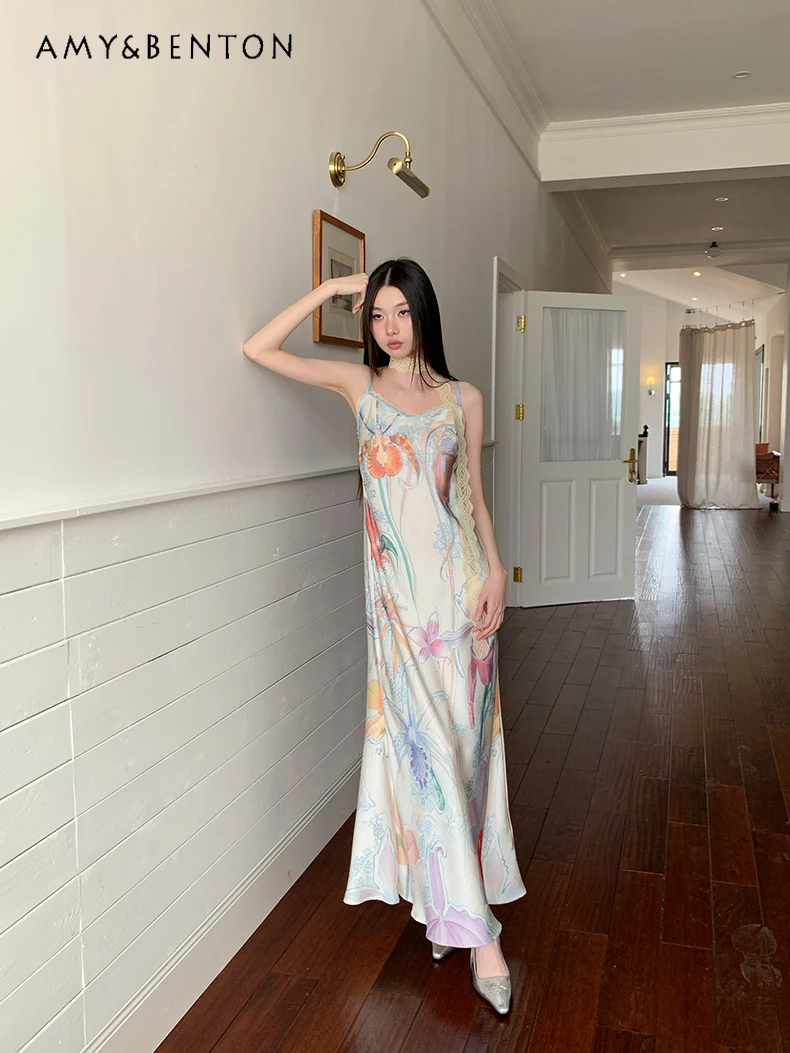 

2025 Summer New French Style Colorful Plant Print Strap V-neck Loose High Waist White Lightweight Long Dress