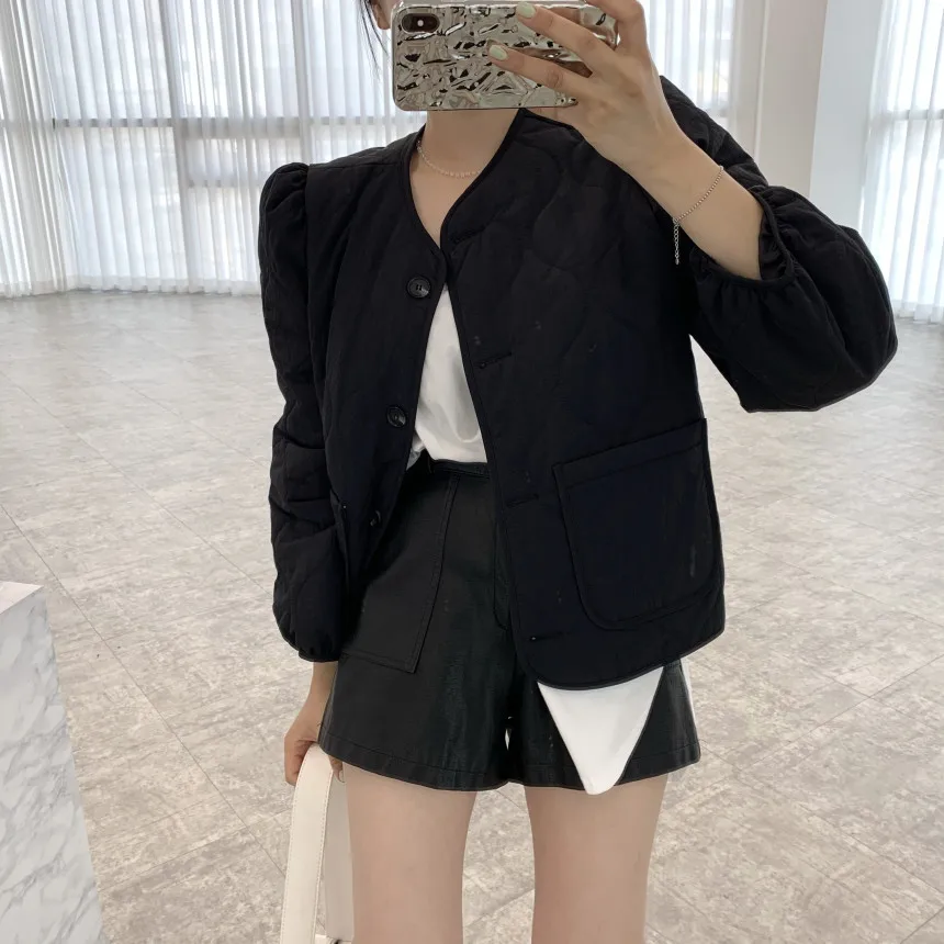 Korean Style Casual Thickened Cotton Jacket Women's Long Sleeve round Neck Small Open Cardigan Warm Commute Autumn Winter Coat