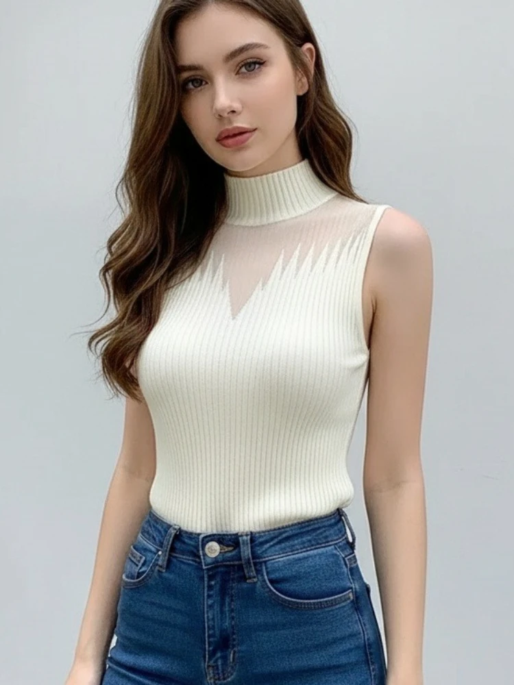 2026 Half Neck Vest Female Sleeveless Sweater Mesh Knitted Top Women Y2K Tank Top Chic Cut Out Streetwear Solid Skinny Tube Top