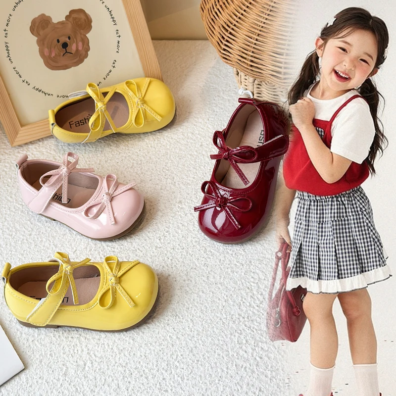 

Girls Flats Soild Color Round Toes Kids Performance Shoes Double Bows 2025 New Girls Leather Shoes Soft Sole Sweet