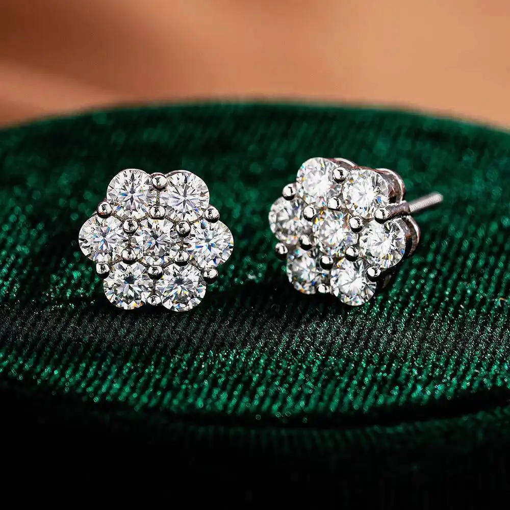 Luxury S925 VVS Moissanite Stud Earrings 925 Sterling Silver Gold & Rhodium Plated with Cluster Flower Design GRA Certificate