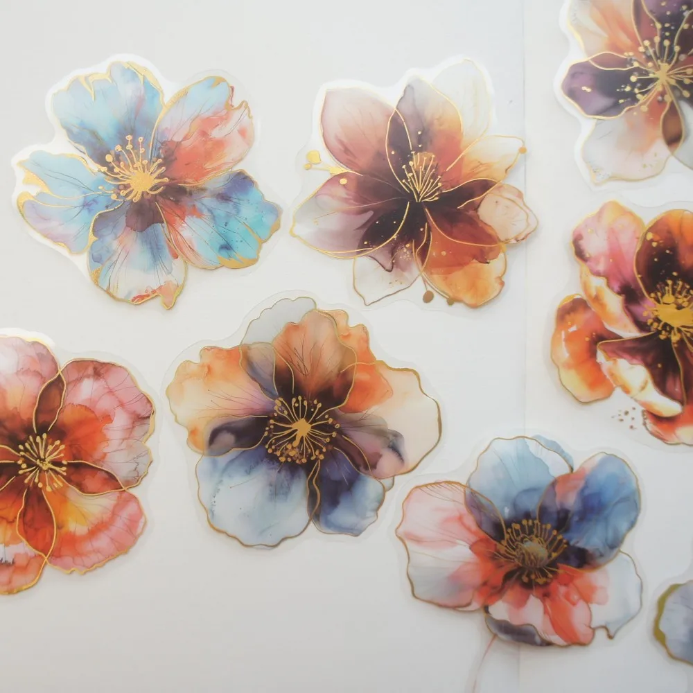 

18pcs Gold Line Color Dyed Flowers Style PVC Sticker Scrapbooking DIY Gift Label Decoration Tag
