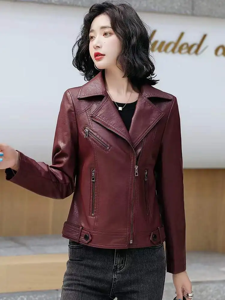 New Women Classic Leather Coat Spring Autumn 2024 Fashion Suit Collar Slim Short Sheepskin Outerwear Biker Leather Jacket Female