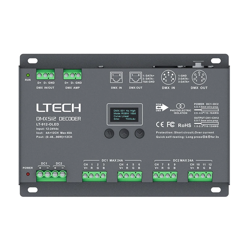 LTECH 16 Channel Led DMX Decoder DC12V 24V Input;3A 16CH 4A 12CH 48A Output 12/16 Channel DMX512 RDM Slave OLED Screen Display