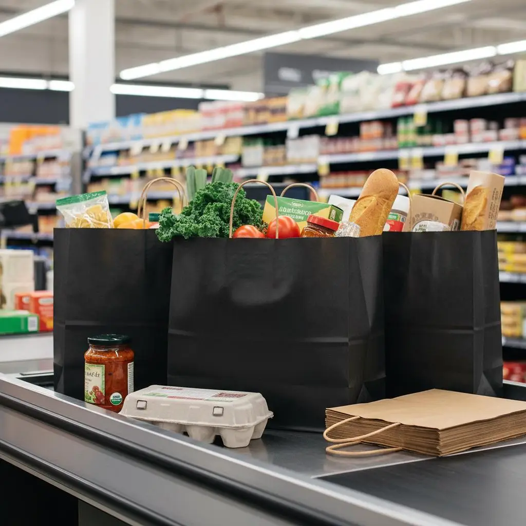 

Черные бумажные пакеты 16x6x12 дюймов для продуктов, подарков на свадьбу, вечеринки, с большой вместимостью, прочные, с кручеными ручками, без рисунка.
