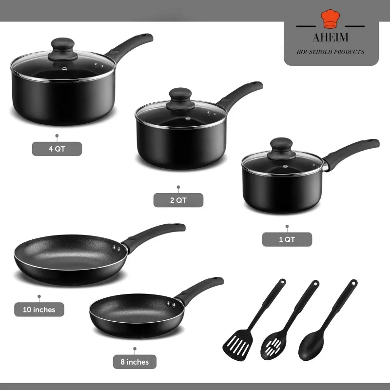 AHEIM Set panci dan panci, Set peralatan masak aluminium anti lengket, panci penggoreng, Casserole dengan tutup, panci saus, dan peralatan, 11 buah memasak