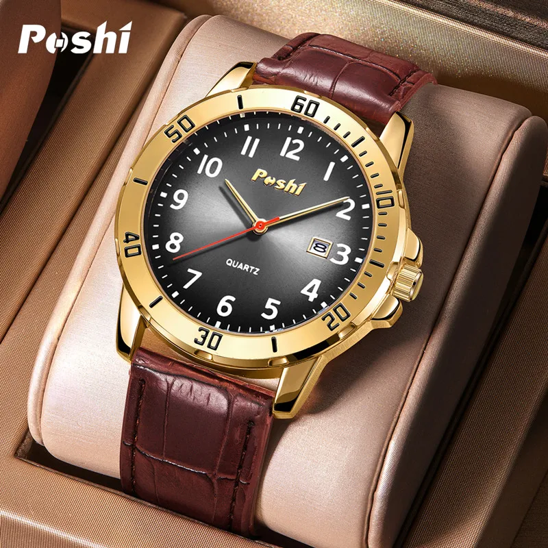 POSHI Luxury Men Watch Business Waterproof Date Quartz Wristwatch Top Brand Leather Men\'s Watches for Gift Relogio Masculino