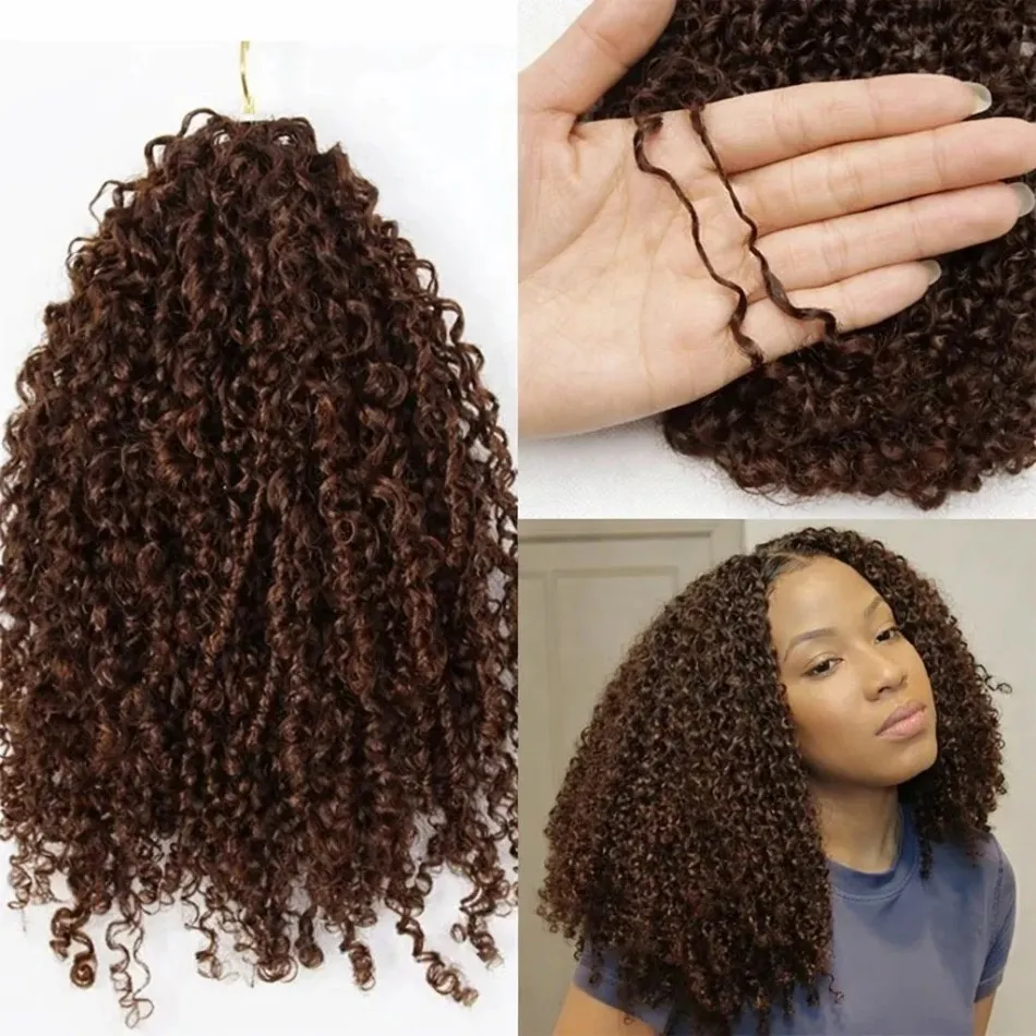 #4 Chocolate Brown Kinky Curly Feather Crochet Human Hair Extension Pre Separated Knotless Crochet Hair For Boho Braids Water Wave Human Hair Bundles