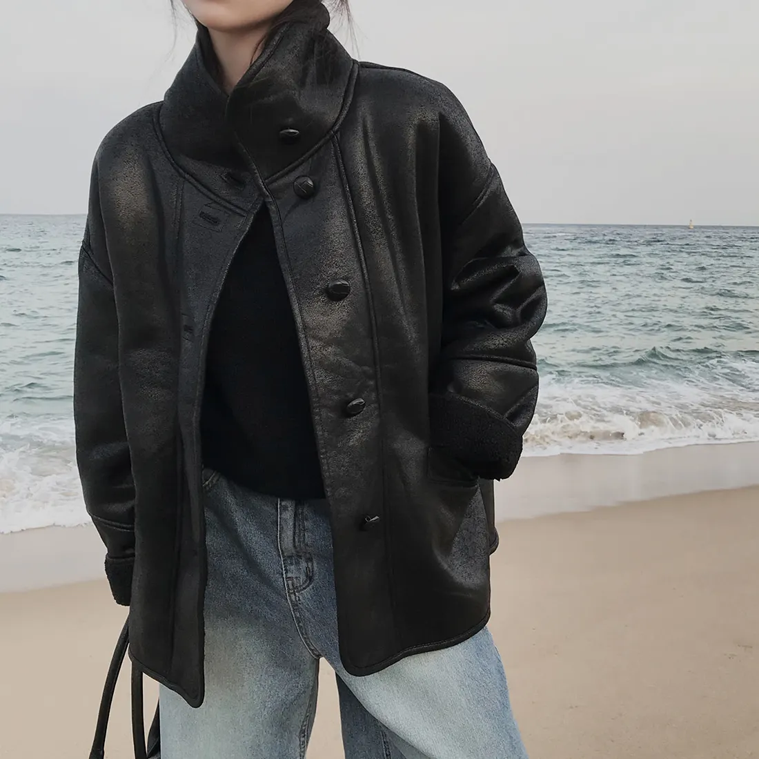 Mujer Otoño Invierno nuevo Sle Chic piel de cordero gamuza Biker Jaet abrigo cálido largo Sve longitud Regular otro Material 00%