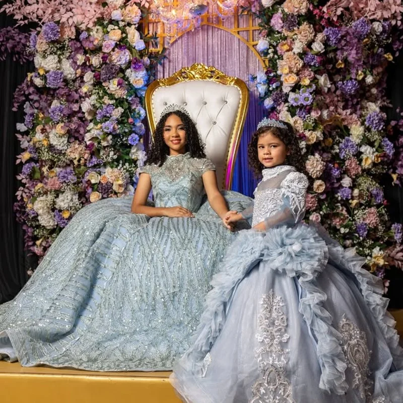 맞춤 제작된 반짝이는 하늘색 킨세아녜라 드레스, 오프숄더 튤, 아플리케 비즈 크리스탈 롱테일 베스티도스 데 15 킨세아녜라