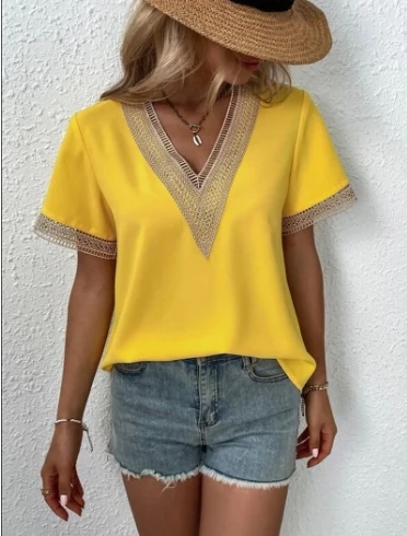 Women\'s Blouses Spring Summer Latest 2025 V-Neck Lace Casual Solid Color Shirt Short Sleeved T-Shirt Loose Fit Top Pullover