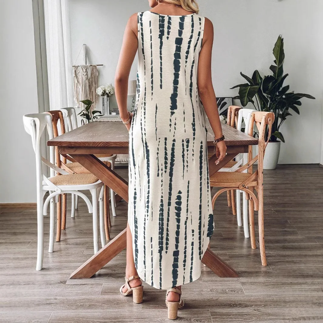 Modieuze vrijetijdsjurk Mouwloze zomerjurk met losse split en print V-hals Kleurblokken Print Mouwloze lange jurk voor dames