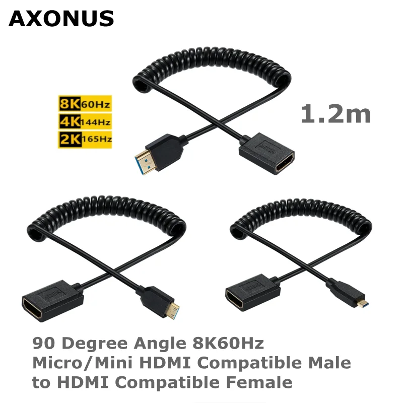 Spring Retractable Digital Camera Cable HD 90 Degree Angle 8K60Hz Micro/Mini HDMI Compatible Male to HDMI Compatible Female