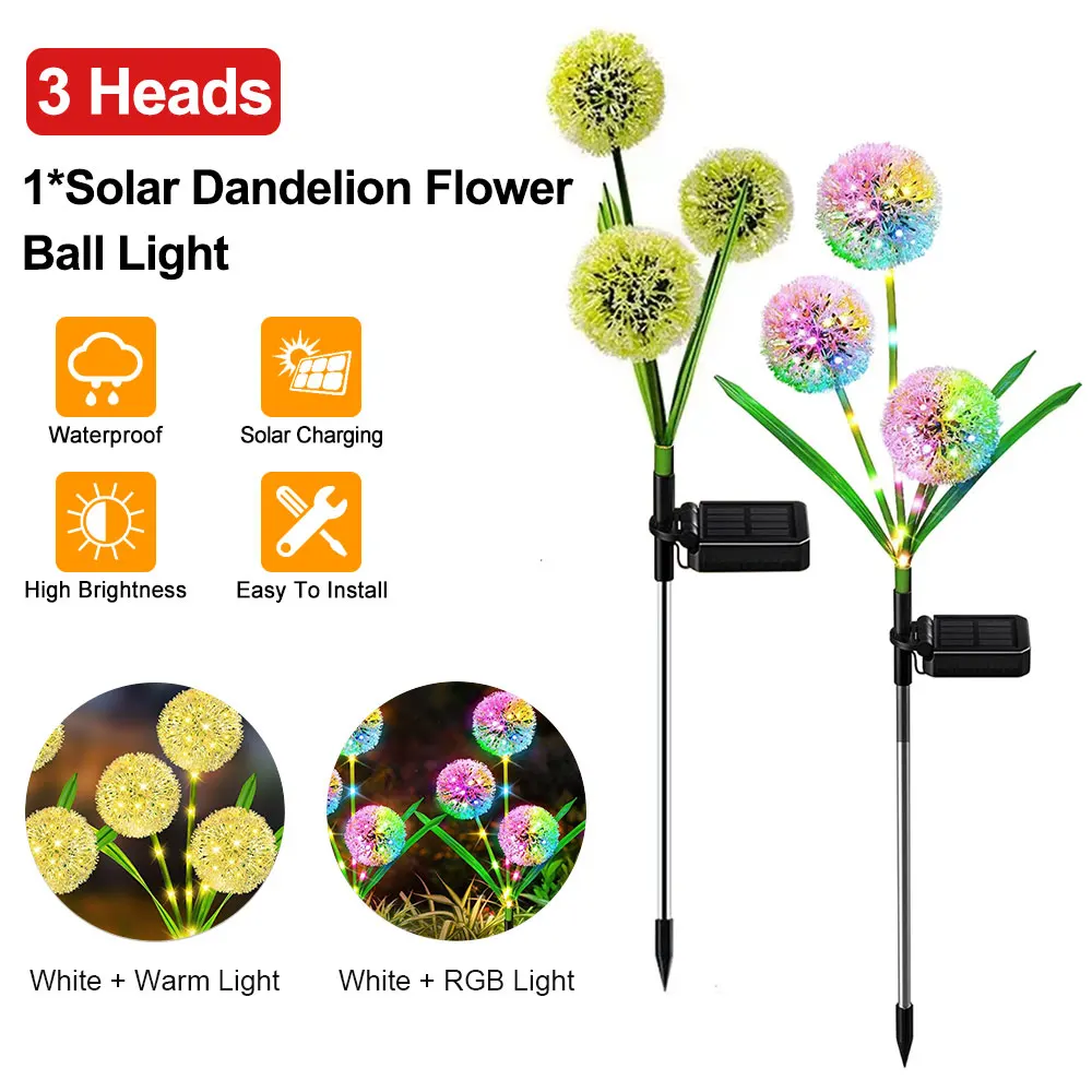 3 Heads Solar Dandelion Lights Outdoor Ground Plug Lawn Garden Decorative Lights LED Onion Bulb Flower Landscape Lights