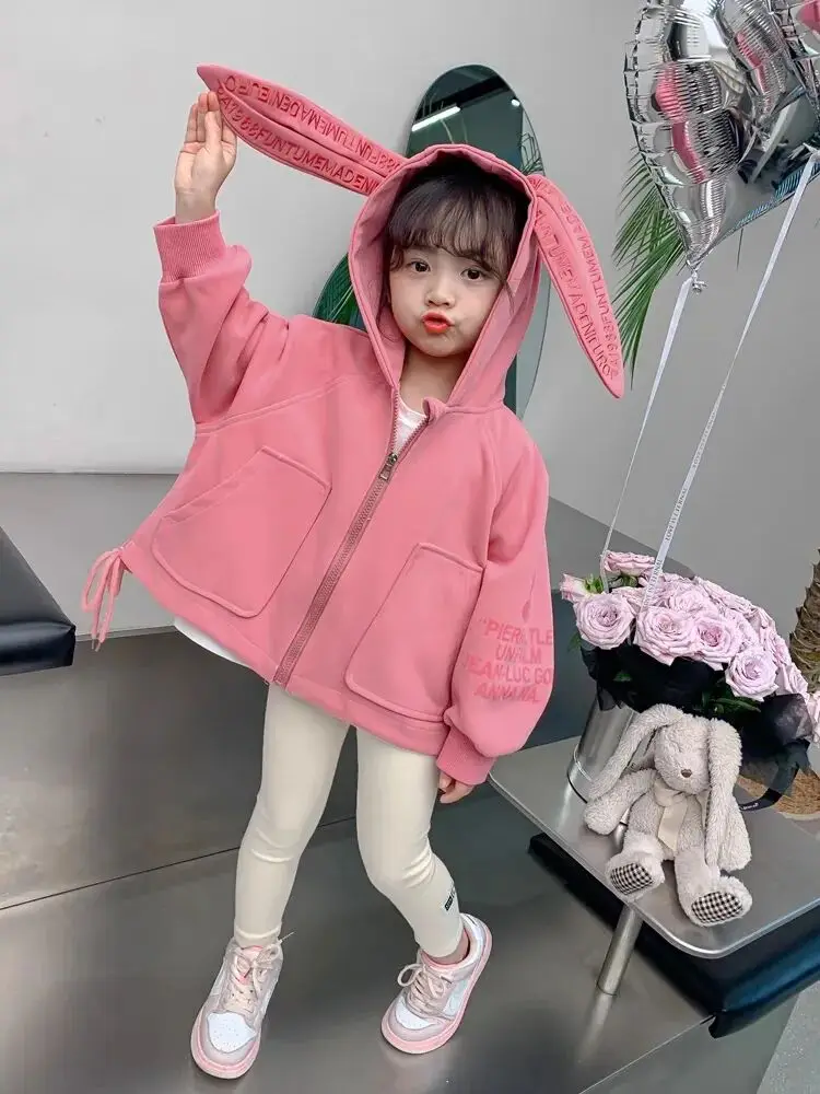 

Новое корейское издание, повседневная детская бейсбольная куртка с капюшоном, пальто с кроликом для девочек, весна и осень