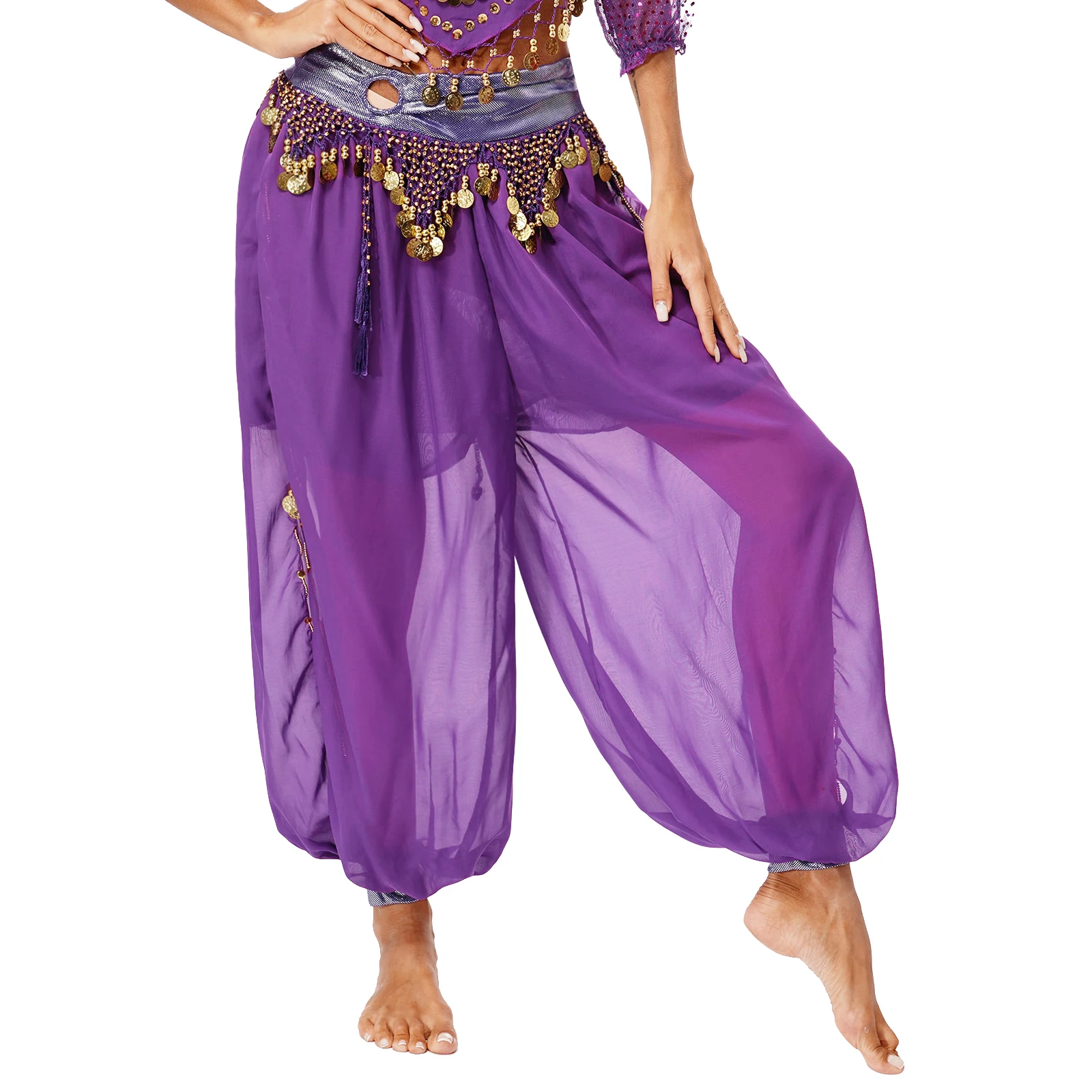 Women Belly Dance Bloomers Pants Halloween Carnival Party Performance Costume Chiffon Plastic Beads Tassels Side Split Trousers