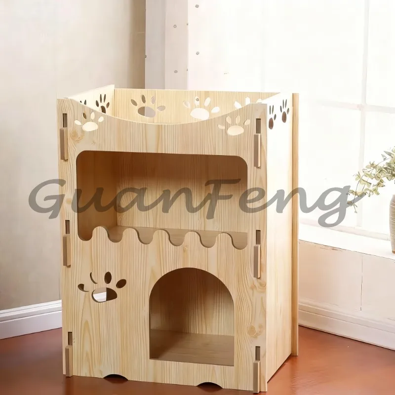 Four-Season Luxury Solid Wood Pet Villa, Double-Layer Cat & Dog House with Complete Matching Accessories