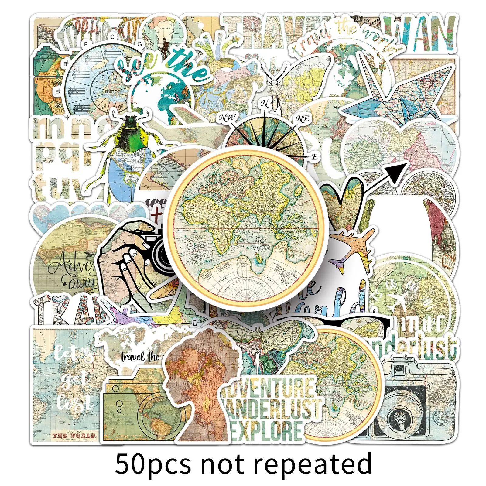 50개 만화 세계지도 스티커 아트 레트로 창의적 그래피티 방수 데칼 장난감 DIY 물컵 문구류 상자 여행가방 데칼