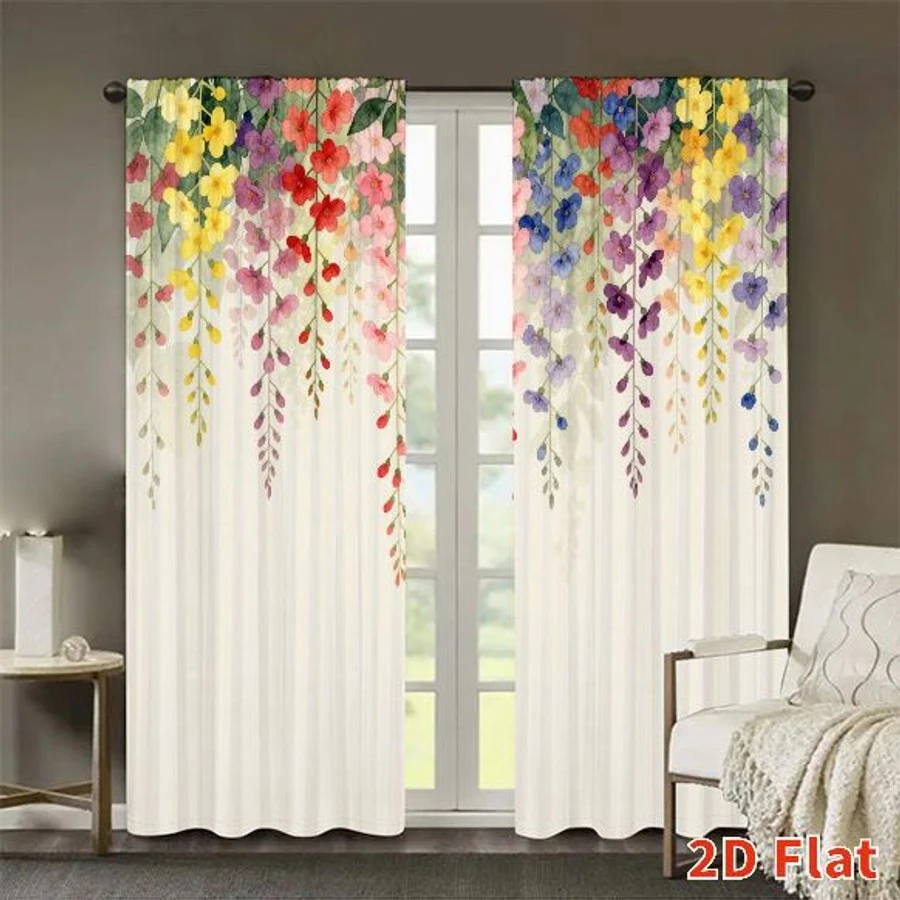 2PCS Digital Printed Curtains, Colorful Flower Vine Climbing Garden, Modern Home Decor Style for Living Room Bedroom Decor
