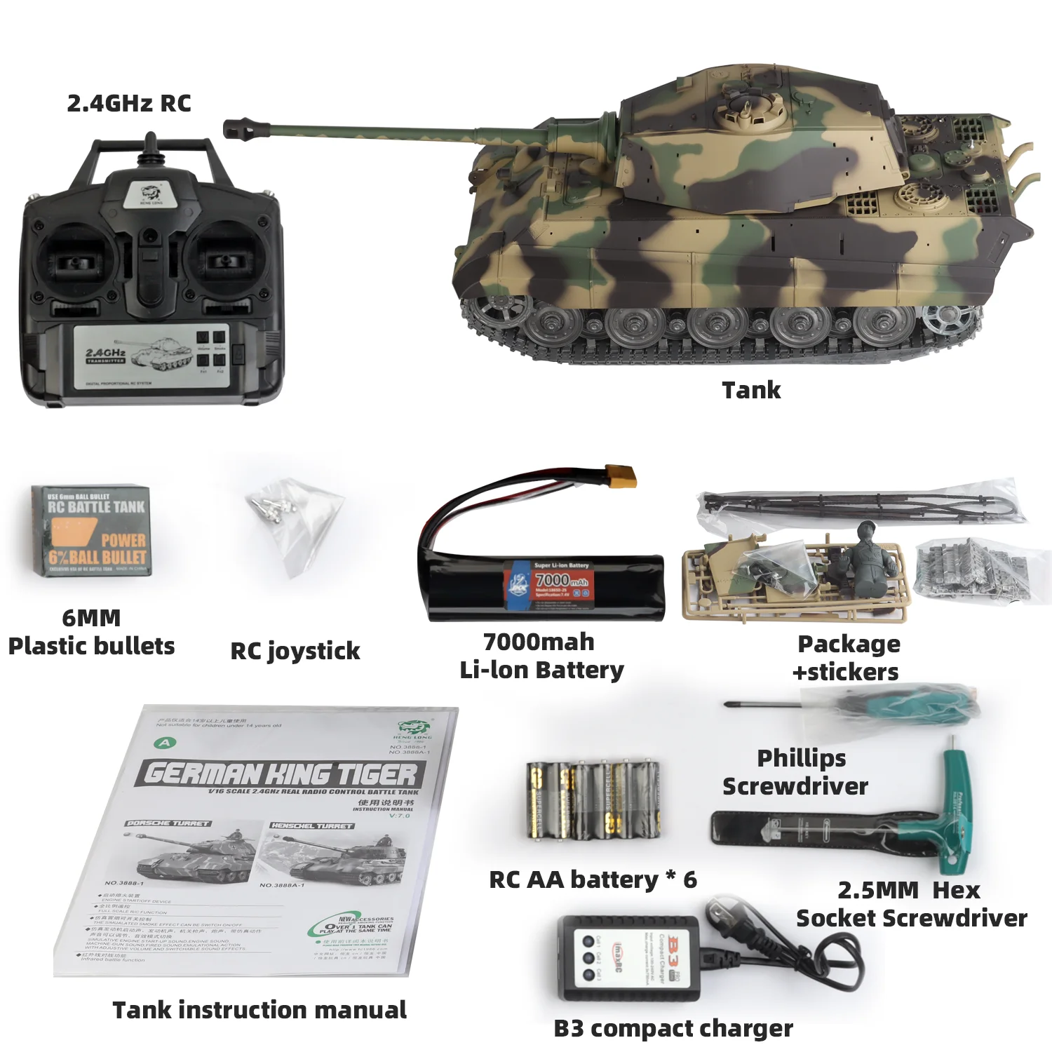 Heng Long rc tanks 1/16 Duitse King Tiger tank Model (Metalen Road Wheel & Tandwiel & Gun canal) (360 ° Roterende torentje)