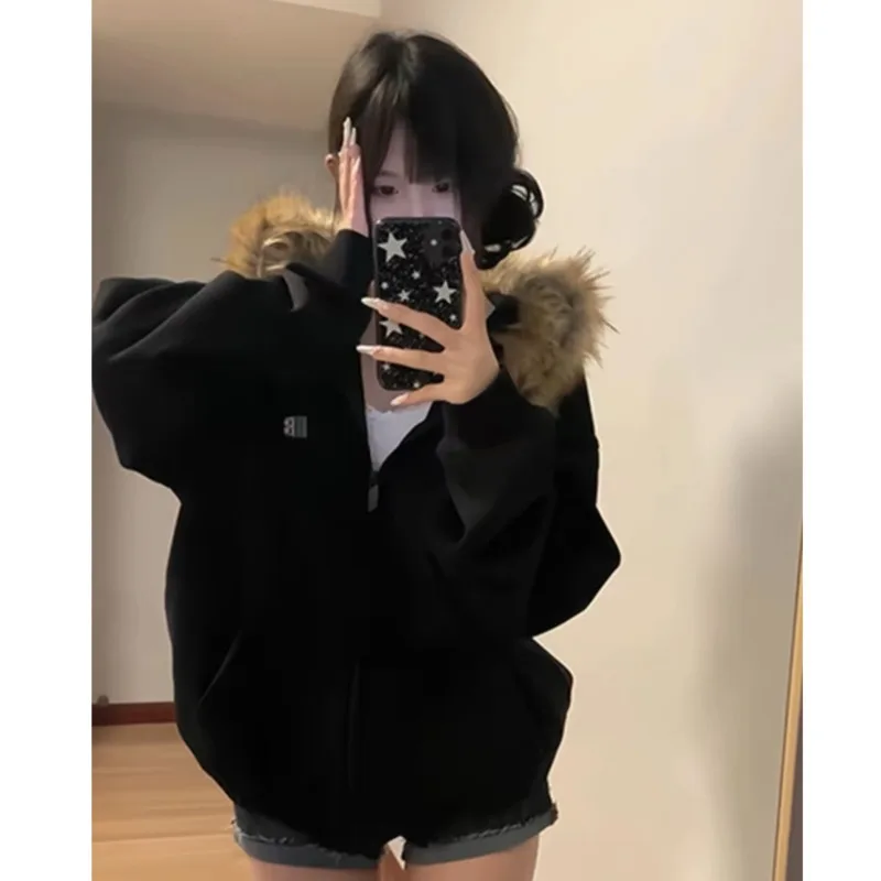 Faux Fur Spliced Streetwear Hooded Coat Black Zipper Korean Plush Hoodie Long Sleeve Harajuku Jacket Oversized Women\'s Outerwear