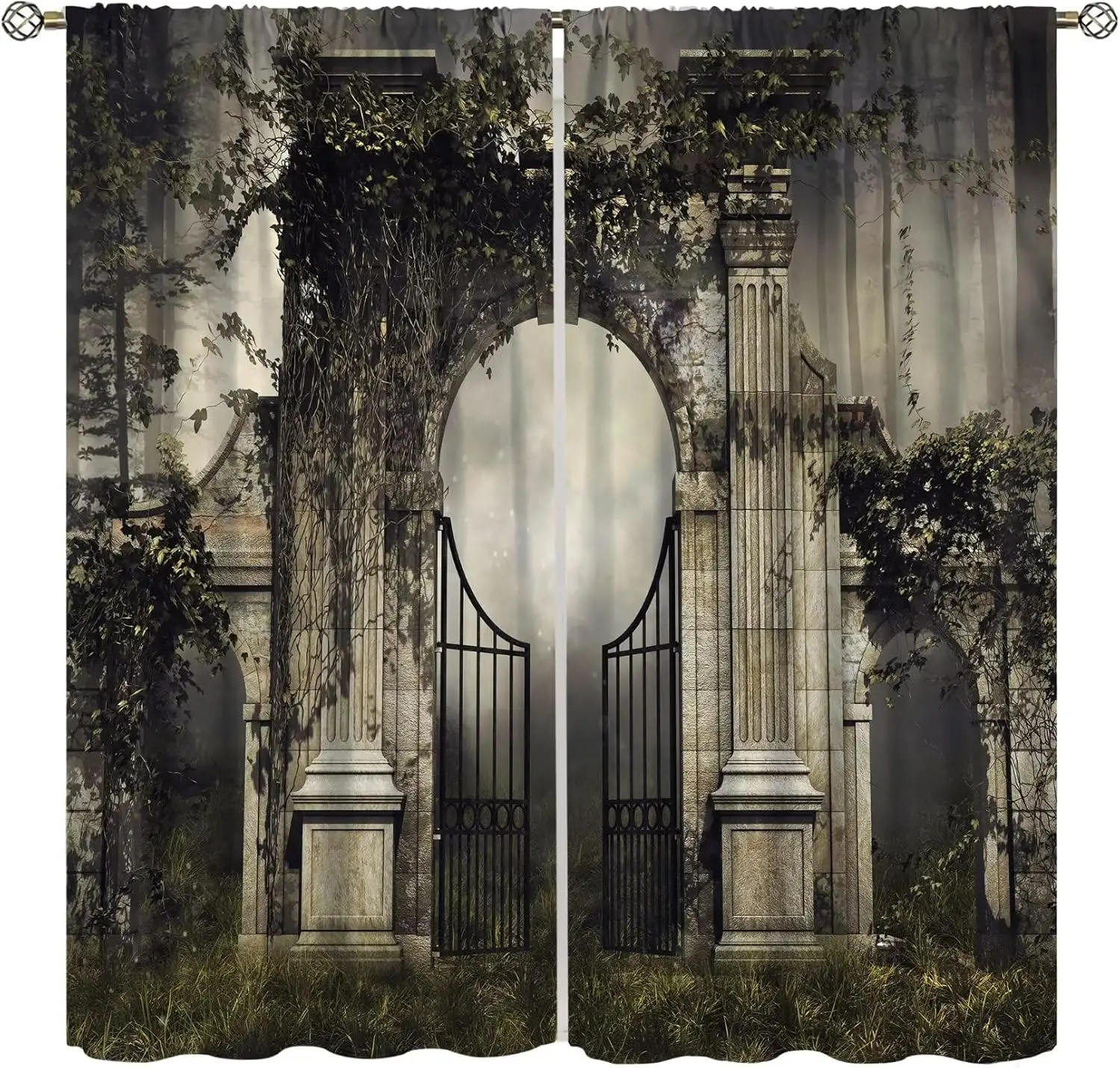 Decorative Gothic Ruins Archway Curtains Polyester Window Drapes Mystery Temple Fantasy Vintage Background Scene Pair