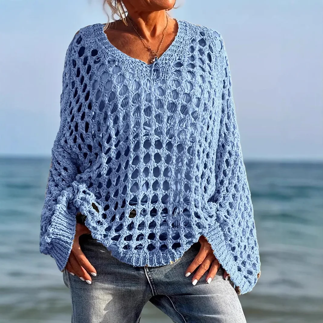 2026 New Women Plus Size Hollow Out Knit Sweater Loose Casual Versatile Long Sleeve Ladies Knitwear Pullover Top
