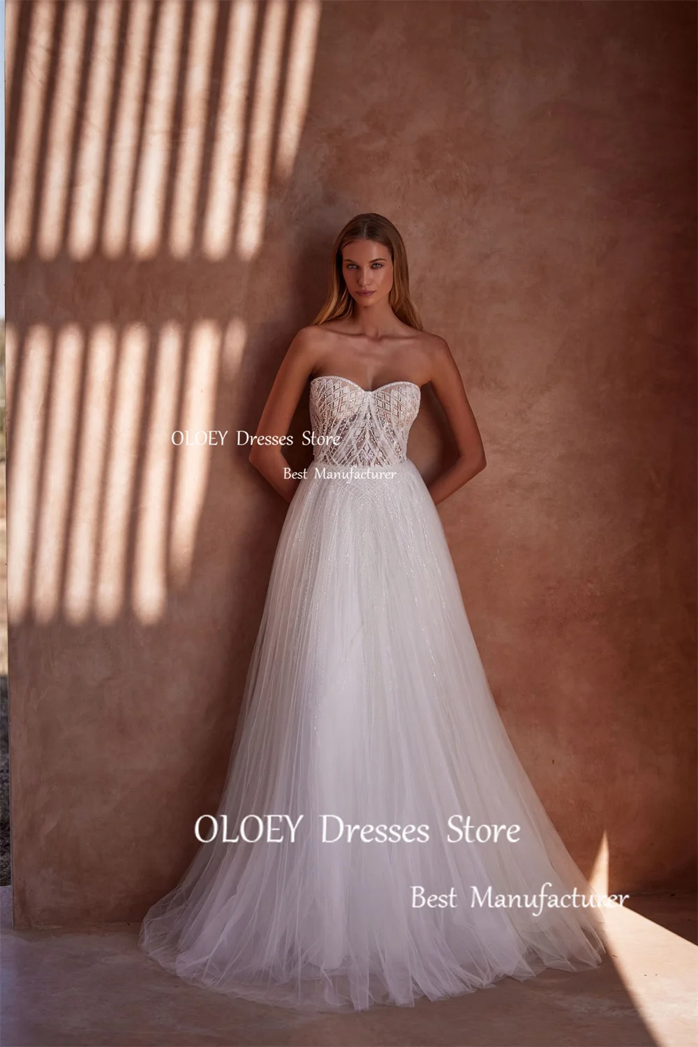 OLOEY Exquisite Wedding Dresses Photoshoot Beading Pearls Tulle Strapless Floor-Length A Line Custom Bridal Gowns Zipper Back