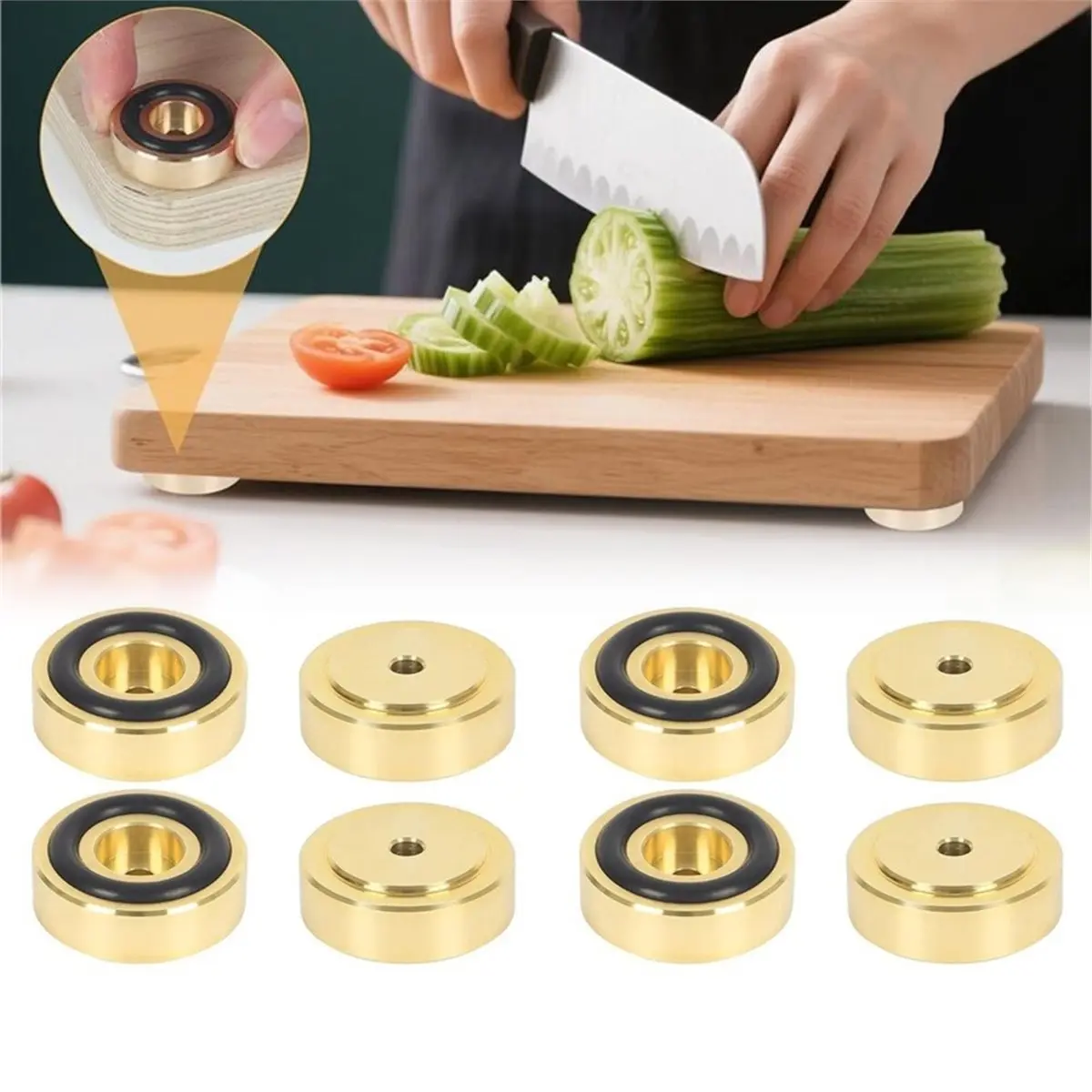 8 Brass Chopping Board Feet with Non-Slip Rubber Pads for Mounting on Kitchen Cutting Boards and Flat Tabletop Items