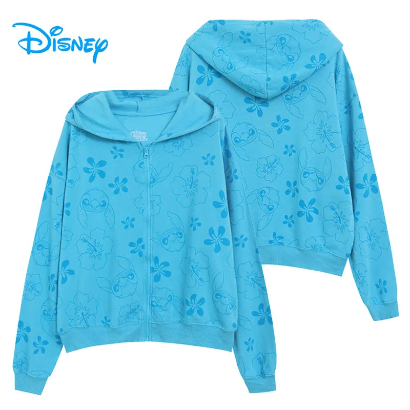 

Disney Fleece Hooded Sweatshirt Cute Stitch Little Monster Print Women Zip Up Hoodies Jacket Female Casual Cartoon Jumper Tops