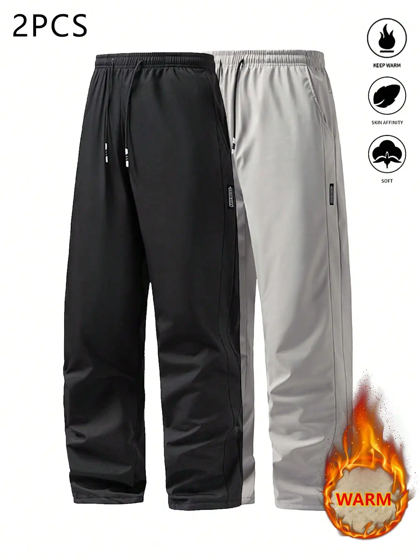 

2-Pack Men's Warm Fleece-Lined Straight Leg Pants with Drawstring Waist