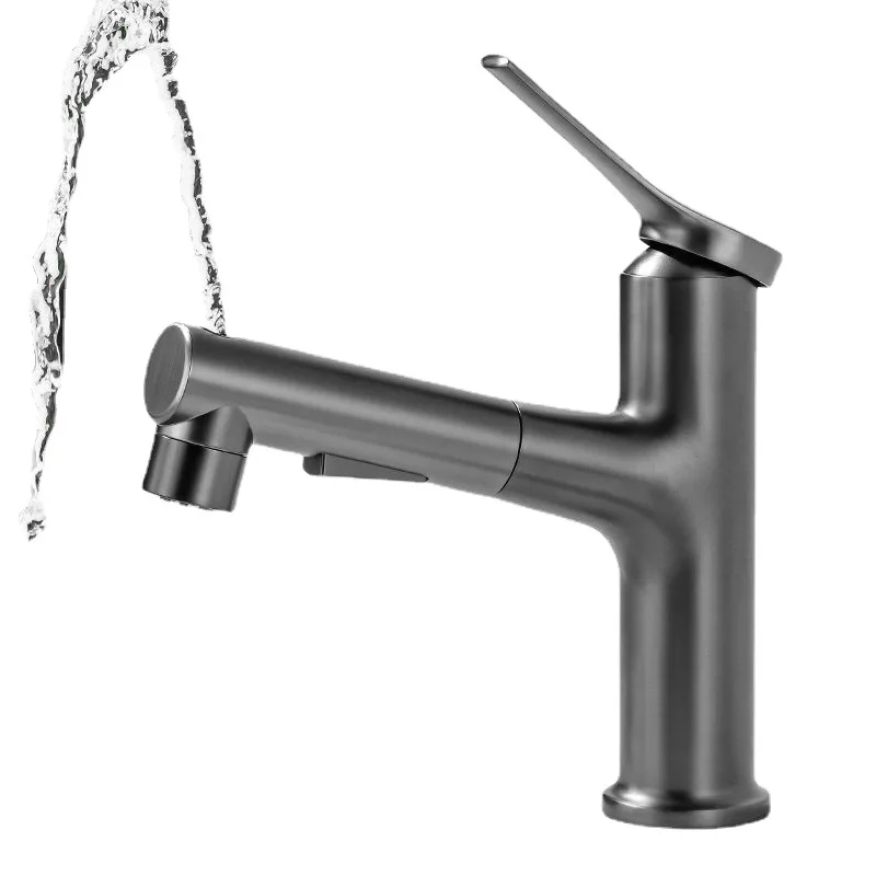 

Brass Basin Pull Cold and Hot Water Faucet Bathroom Household Gun Gray Multi-function Retractable Wash Basin Faucet