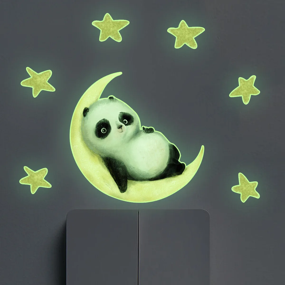 12x10cm Glow In The Dark Panda Moon Star Switch Wall Decal Luminous Wall Sticker Bedroom Living Room Study Backwall Decor Mural