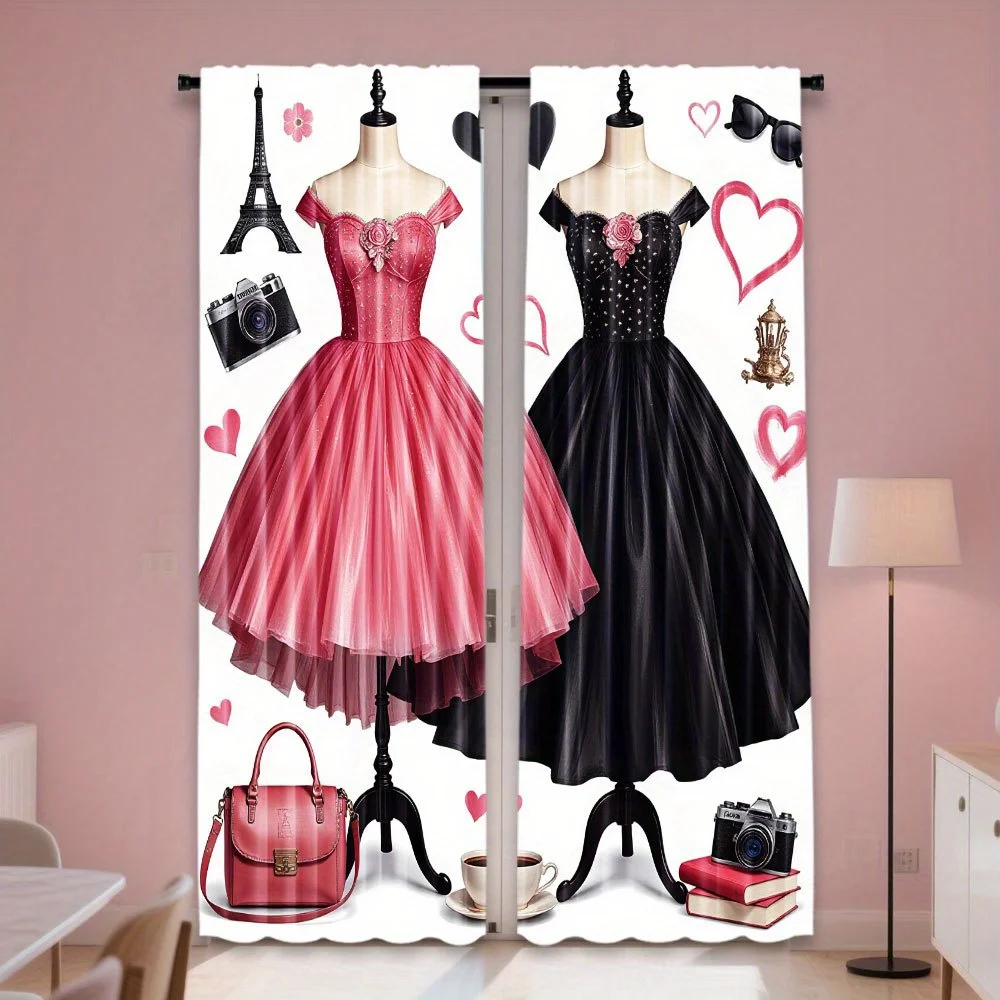 Pink Black Dress Mannequin Curtain 2 Panels, Fashion Gown Tower Camera Love Heart White Print, Drapes for Bedroom Curtain