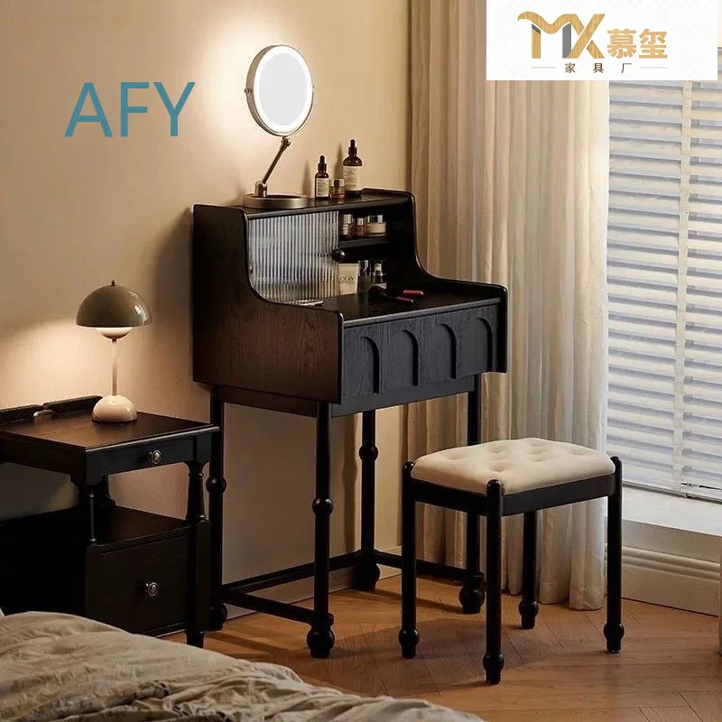 French Vintage Style Solid Ash Wood Dresser for Small Bedroom Minimalist Compact Makeup Table Vanity Desk for Small Spaces