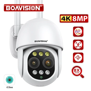 BOAVISION HD 8MP WIFI Telecamera PTZ Doppia Lente 8X Zoom Digitale Esterno 4K AI umanoide Auto Tracking Zoom Audio iCSee Telecamera di Sicurezza